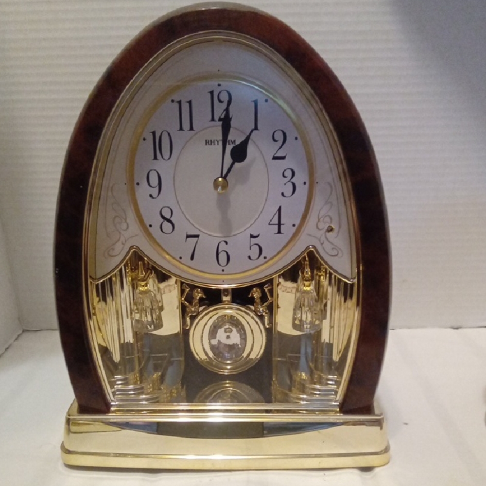 Rhythm Joyful Crystal Bells Gold and Brown Mantel Clock